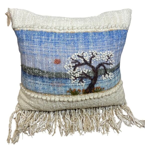 Bobby wells weaving throw pillow art fringed waterscape tree one of a kind - Picture 1 of 5